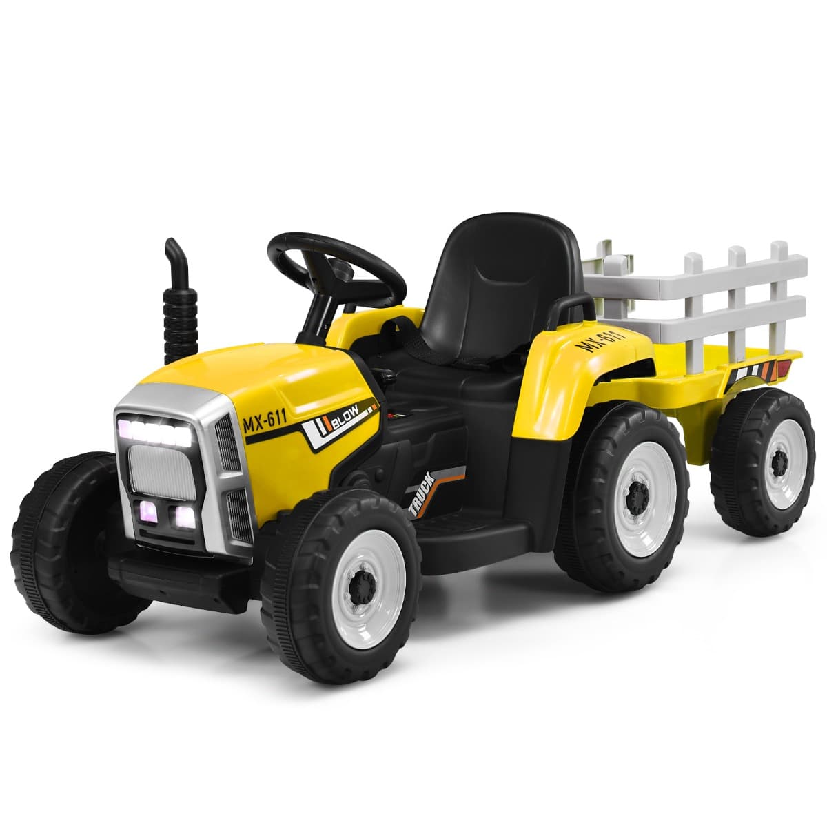 CostwayTracteur Electrique avec Remorque pour Enfants 3 Vitesses Lumières LED Fonctions Audio USB et Bluetooth Jaune