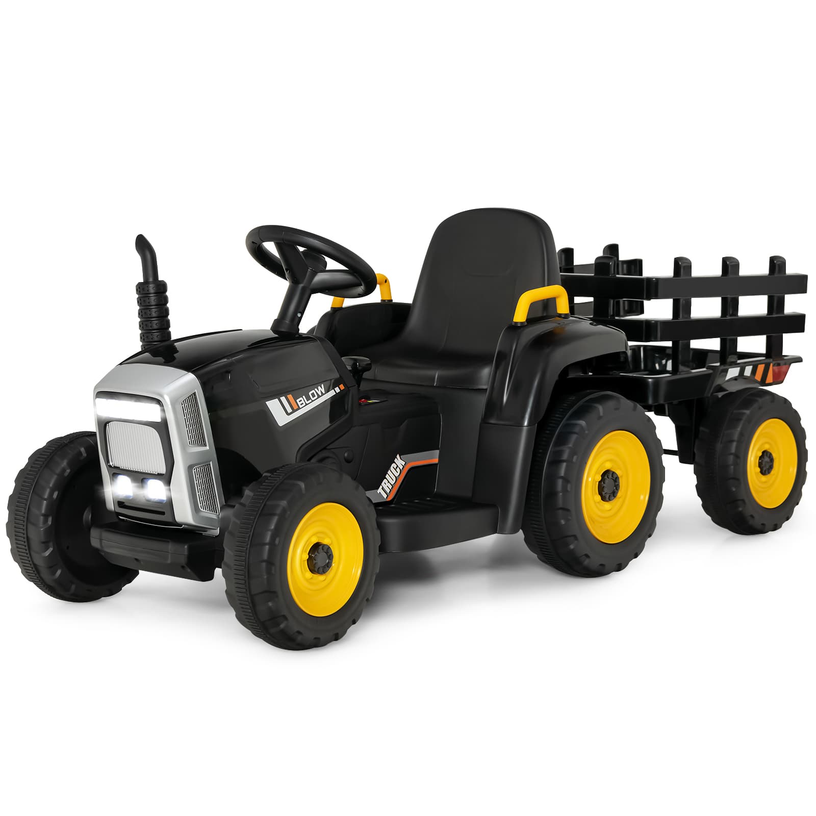 CostwayTracteur Electrique avec Remorque pour Enfants 3 Vitesses Lumières LED Fonctions Audio USB et Bluetooth Noir