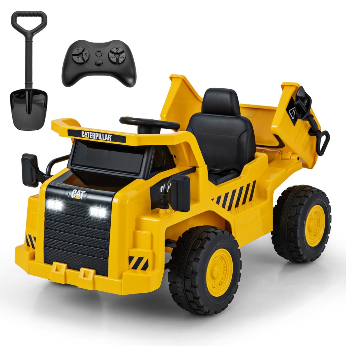 CostwayCamion-Benne Électrique sous Licence Caterpillar pour Enfants 12V avec Benne Basculante et Mégaphone Fonctionnel Télécommande Jaune
