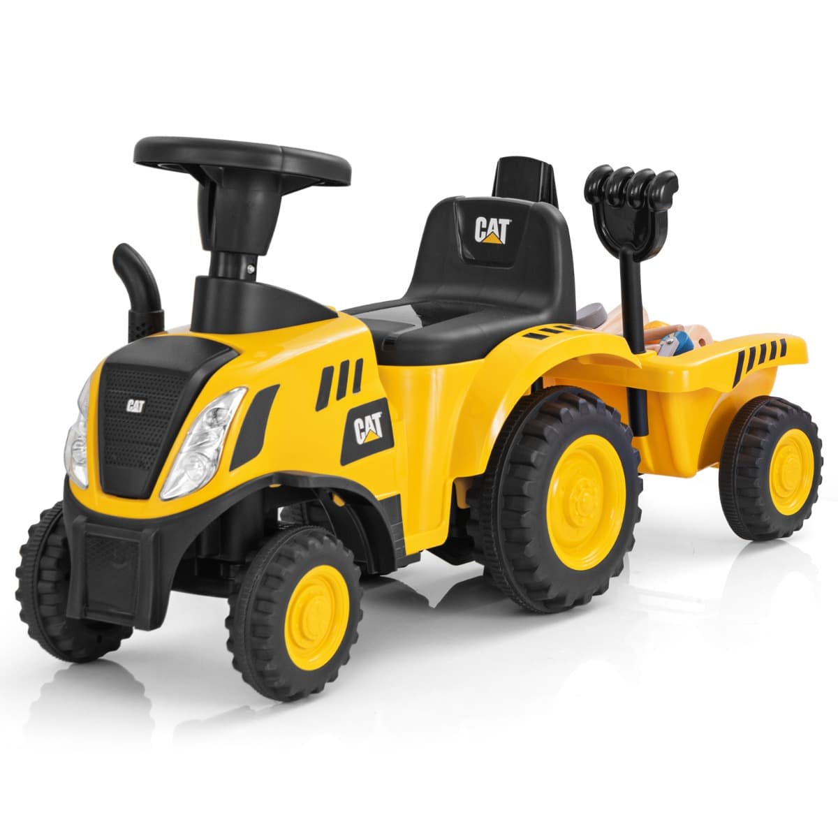 CostwayTracteur Sous Licence Caterpillar Tracteur Pied au Sol avec Remorque Amovible Pelle Râteau Klaxon Lumières LED les 18 Mois à 3 Ans Jaune